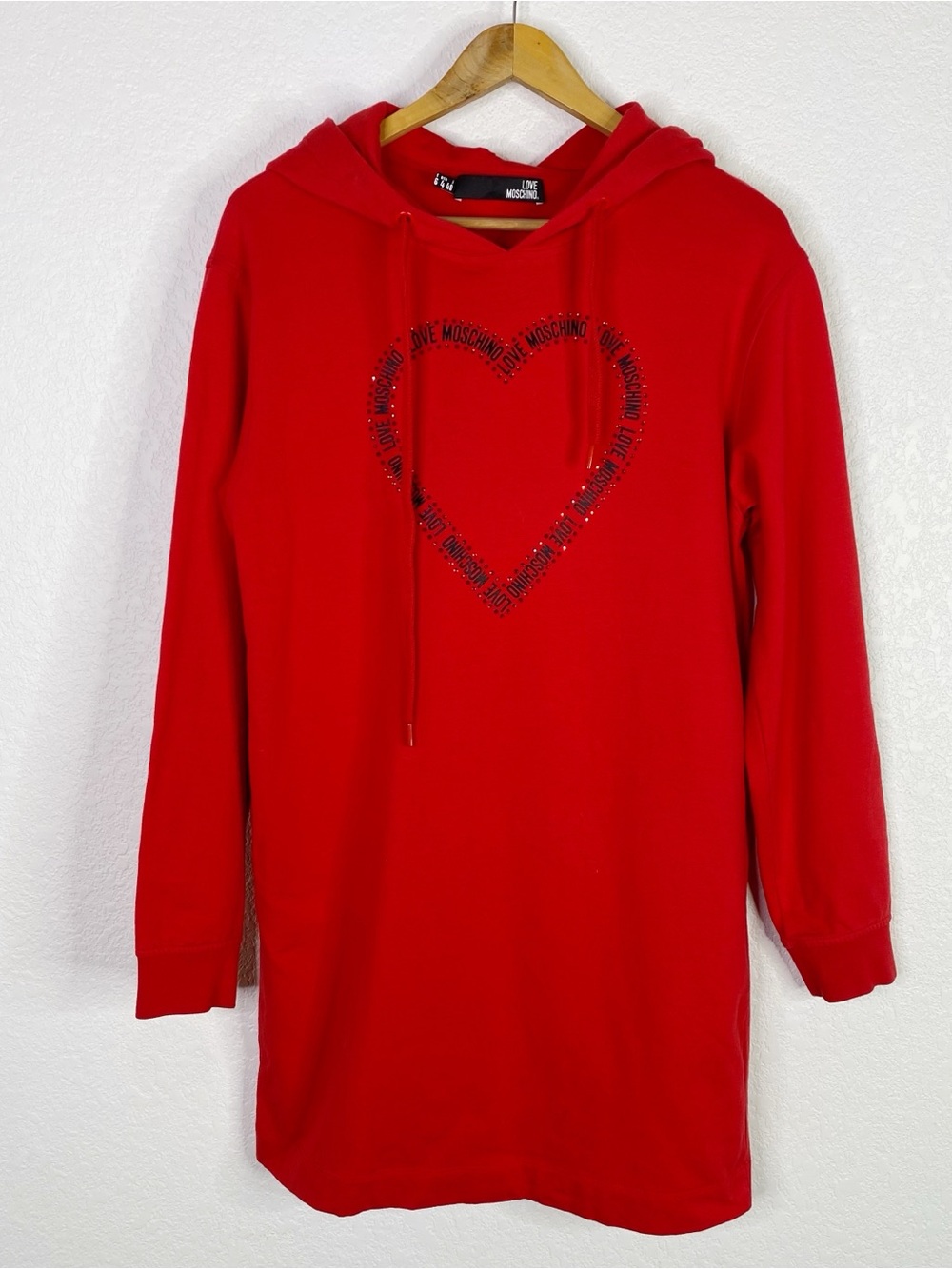 Love Moschino Red Heart Embellished Hooded Sweatshirt Dress